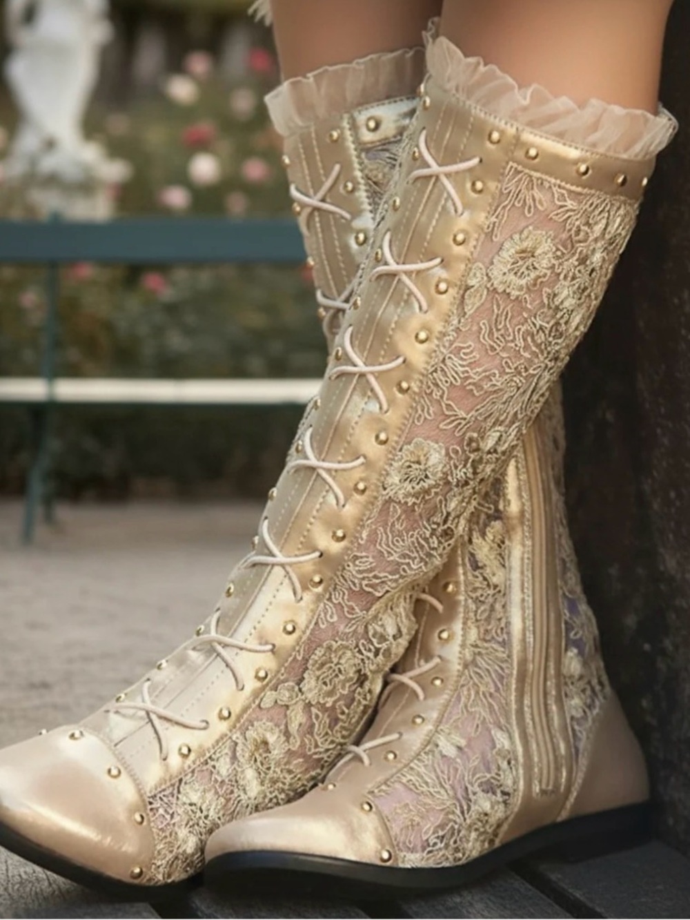 Trish Scully Elegant Lace-Embellished Gold Knee-High Girls Boots